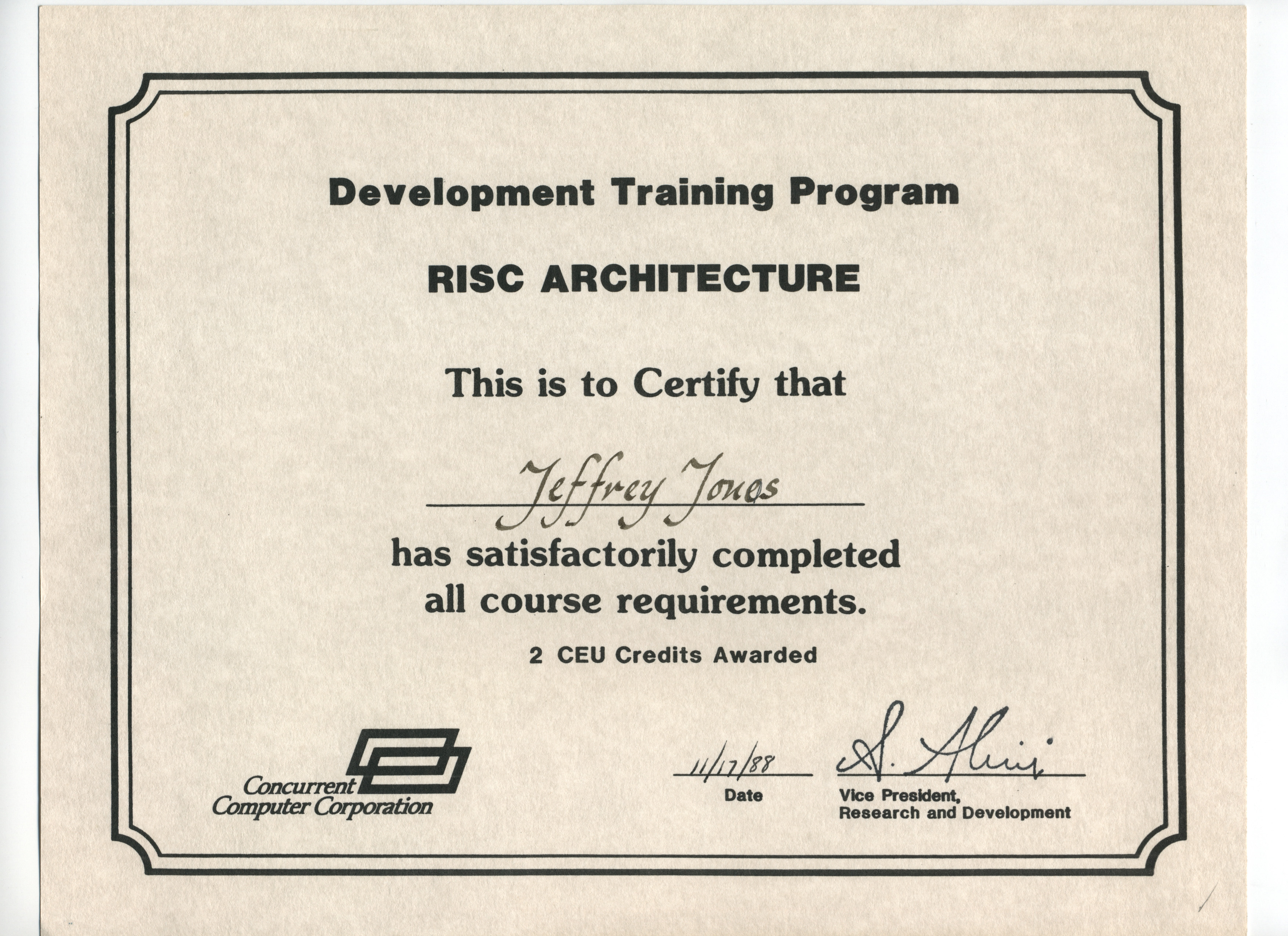Computer certifications Concurrent Computer Corporation RISC architecture: November 1988